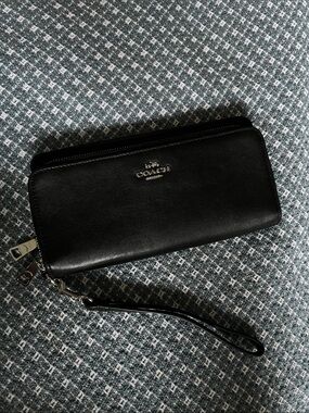 Coach Black Leather Double Zip Wristlet with Silver Hardware